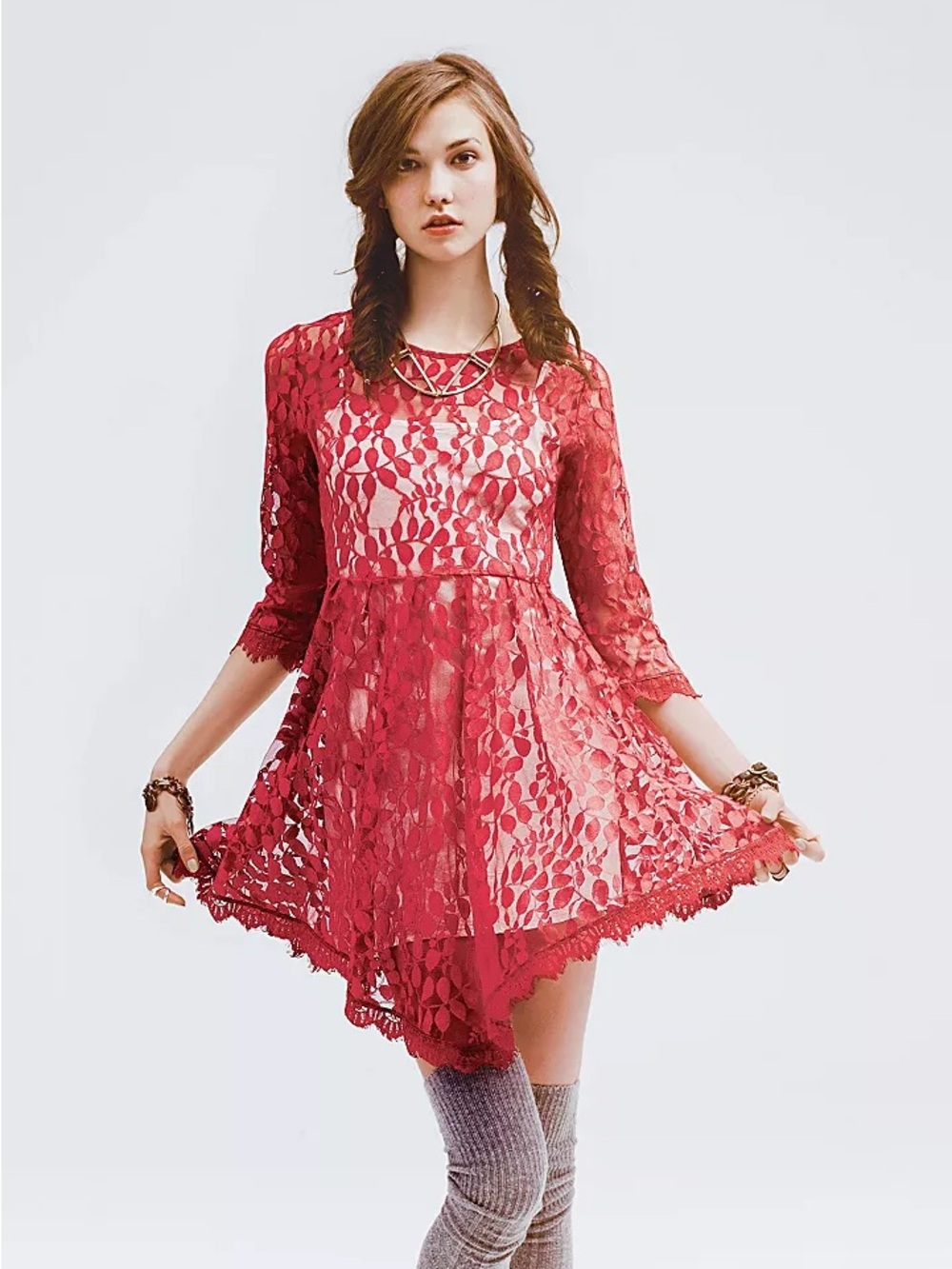Free People Rose Red Lace Mini Dress